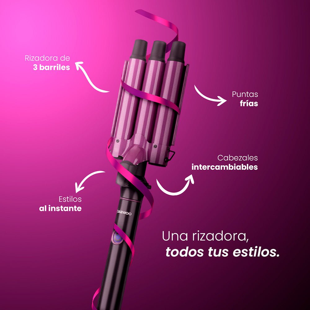 ⭐Rizador Waflera DW - RZ2TZ Daewoo 3 en 1 de Barriles + Ferro Intercambiable - Selectsound.com.mx