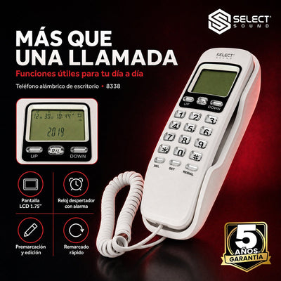 Teléfono Alámbrico Select Sound 8338 Caller ID Pantalla LCD Alarma Pared - Selectsound.com.mx
