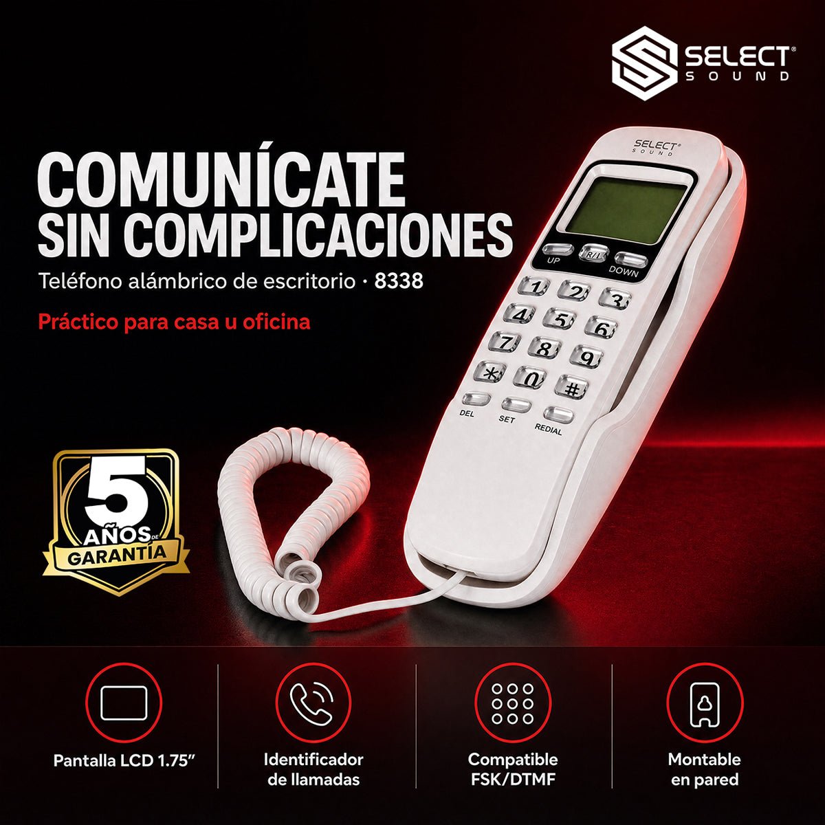 Teléfono Alámbrico Select Sound 8338 Caller ID Pantalla LCD Alarma Pared - Selectsound.com.mx
