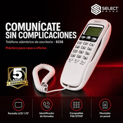 Teléfono Alámbrico Select Sound 8338 Caller ID Pantalla LCD Alarma Pared - Selectsound.com.mx