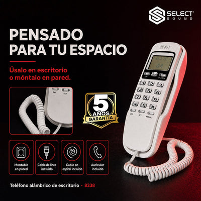 Teléfono Alámbrico Select Sound 8338 Caller ID Pantalla LCD Alarma Pared - Selectsound.com.mx