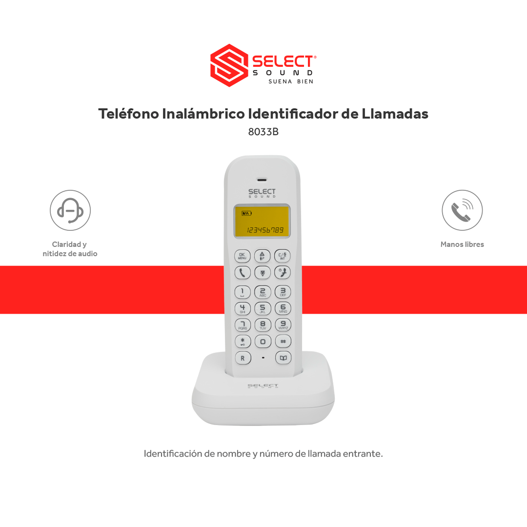 Teléfono Fijo Inalámbrico Select Sound 8033 con Manos Libres e Identificador de Llamadas Para Oficina Escritorio Despertador - Selectsound.com.mx