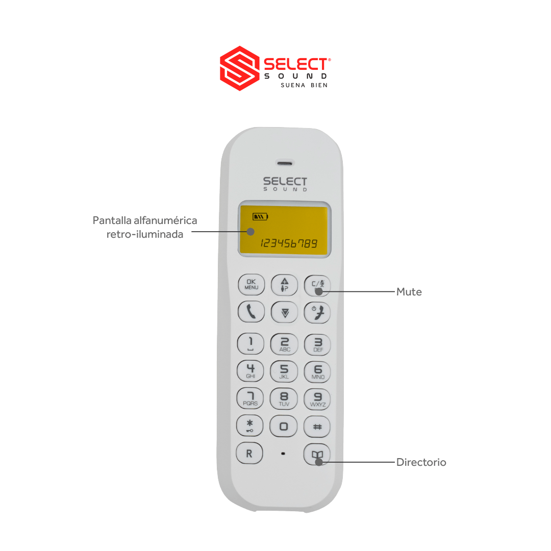 Teléfono Fijo Inalámbrico Select Sound 8033 con Manos Libres e Identificador de Llamadas Para Oficina Escritorio Despertador - Selectsound.com.mx