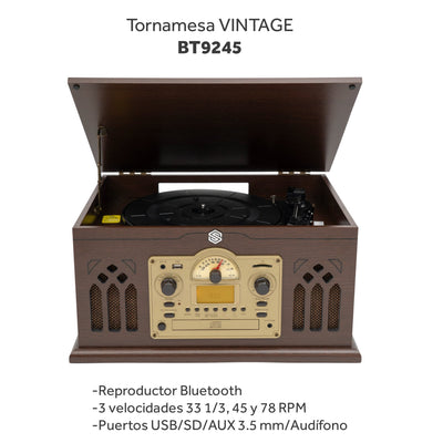 Tornamesa Bluetooth Nostálgico BT9245 con USB, Radio AM/FM, Grabación Digital y 3 Velocidades - Selectsound.com.mx