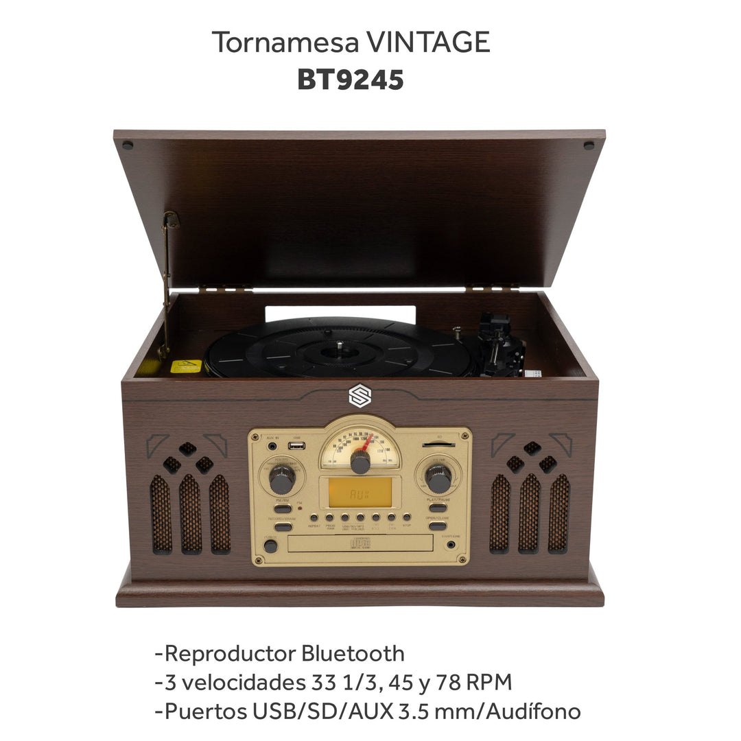 Tornamesa Bluetooth Nostálgico BT9245 con USB, Radio AM/FM, Grabación Digital y 3 Velocidades - Selectsound.com.mx