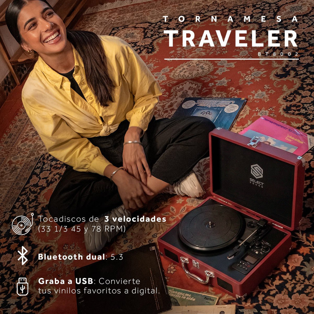 Tornamesa BT8001 Bluetooth Traveler de 3 Velocidades con Grabación USB y Radio FM Color Vino - Selectsound.com.mx