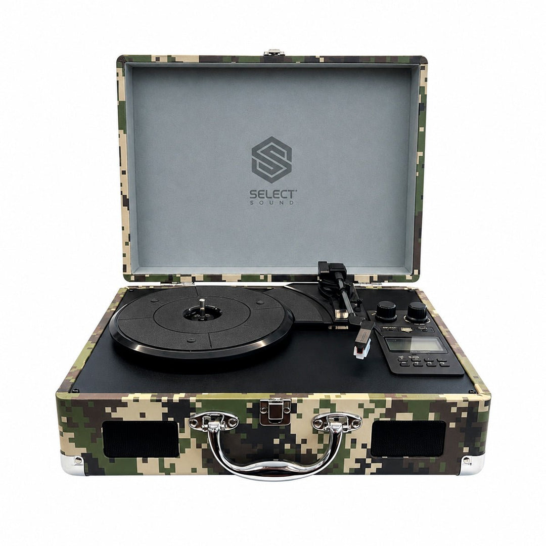 Tornamesa BT8001 Bluetooth Traveler de 3 Velocidades con Grabación USB y Radio FM Verde Camuflaje - Selectsound.com.mx