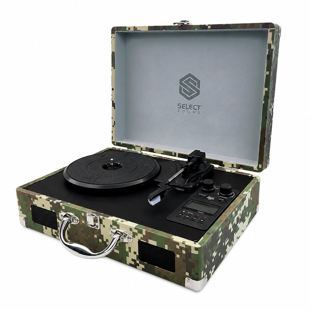 Tornamesa BT8001 Bluetooth Traveler de 3 Velocidades con Grabación USB y Radio FM Verde Camuflaje - Selectsound.com.mx