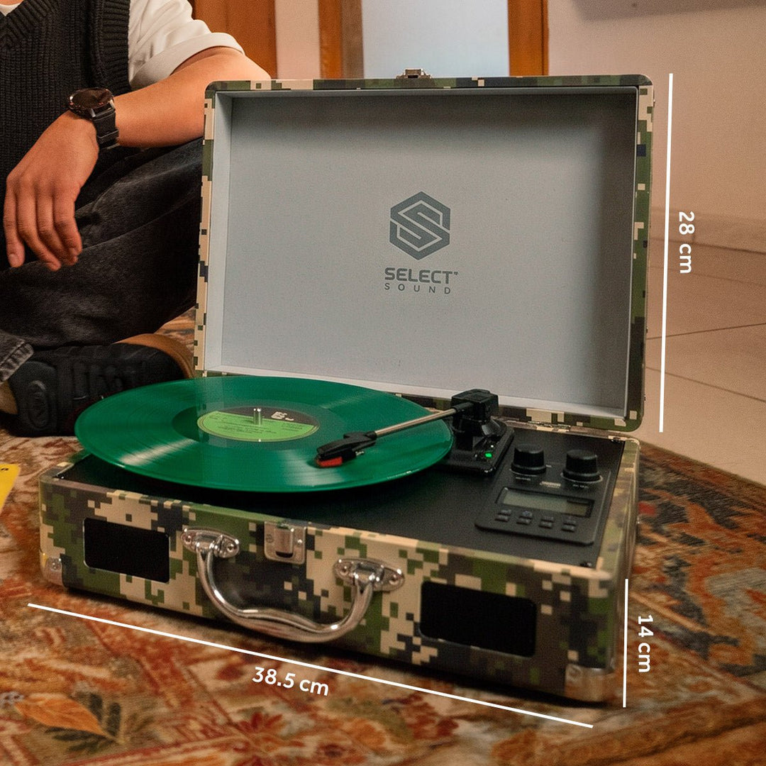 Tornamesa BT8001 Bluetooth Traveler de 3 Velocidades con Grabación USB y Radio FM Verde Camuflaje - Selectsound.com.mx