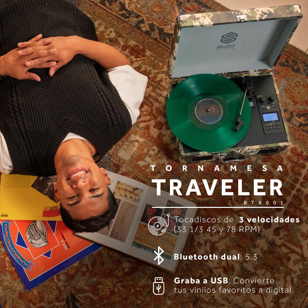 Tornamesa BT8001 Bluetooth Traveler de 3 Velocidades con Grabación USB y Radio FM Verde Camuflaje - Selectsound.com.mx