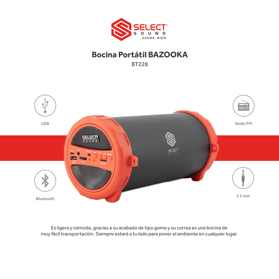 Bocina Inalámbrica Portátil Bluetooth Bazooka BT228 - Selectsound.com.mx
